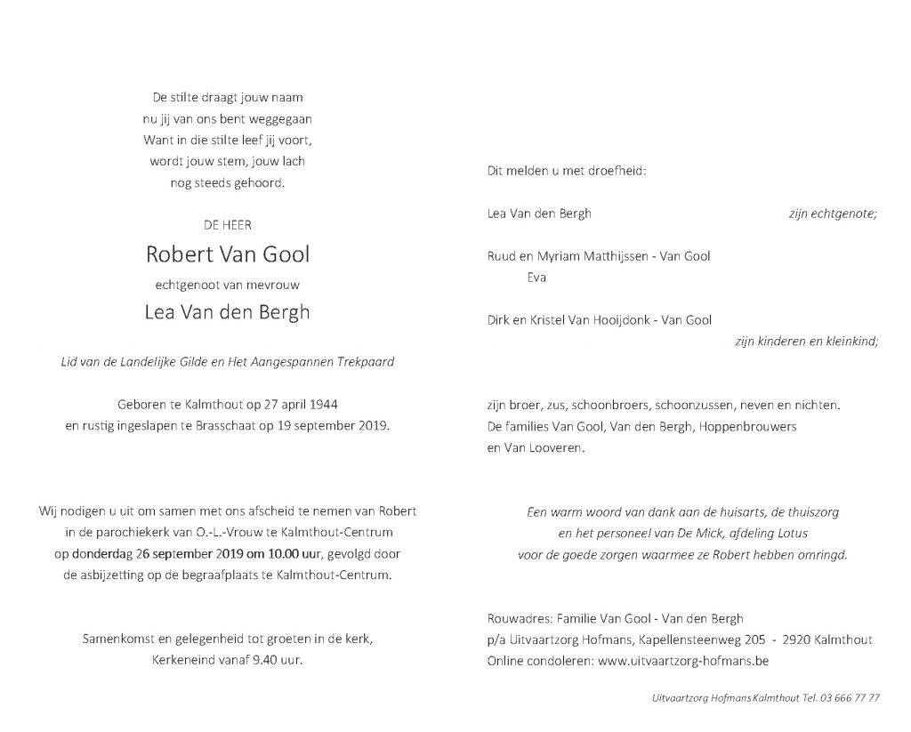 overlijdensbericht Robert Van Gool
